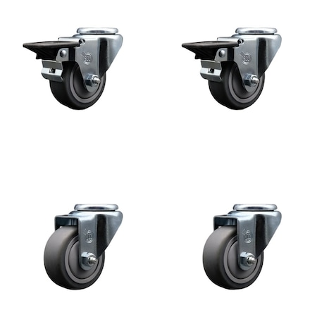 Service Caster 3'' Thermo Rubber Wheel Swivel Bolt Hole Caster Set with 2 Posi Lock Brakes, 4PK SCC-BH20S314-TPRB-PLB-2-S-2